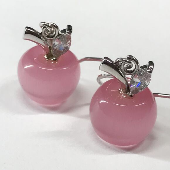 Cute 925 Sterling Silver Pink Cats Eye Apple Drop Dangle Earrings Teacher Gift - Picture 7 of 10